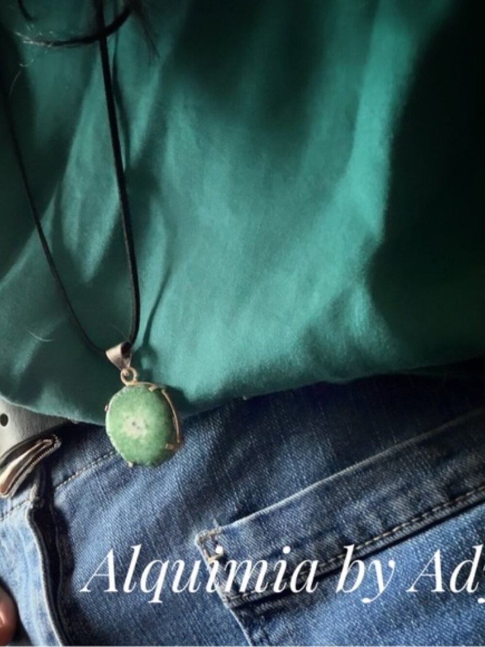 Colorful +  Vibrant Green Quartz medallion black long suede Necklace